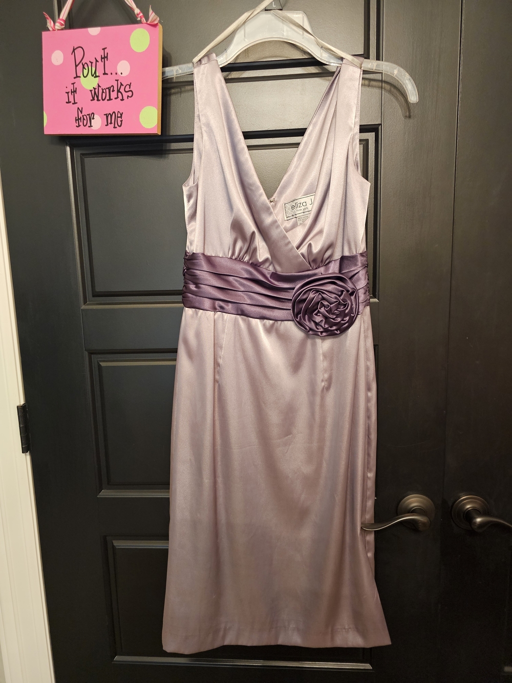 Eliza J Lavender Satin V-Neck Dress with Plum Sash